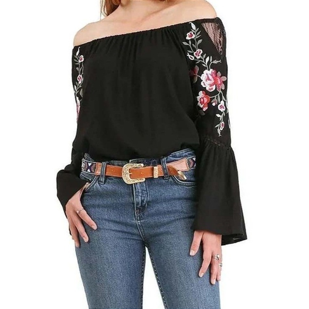 Umgee M Boho Floral Embroidered Blouse Black Bell Sleeve Lace Peasant Top